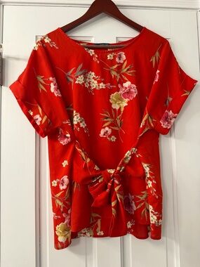 West Kei Red Floral Tie-Back Blouse